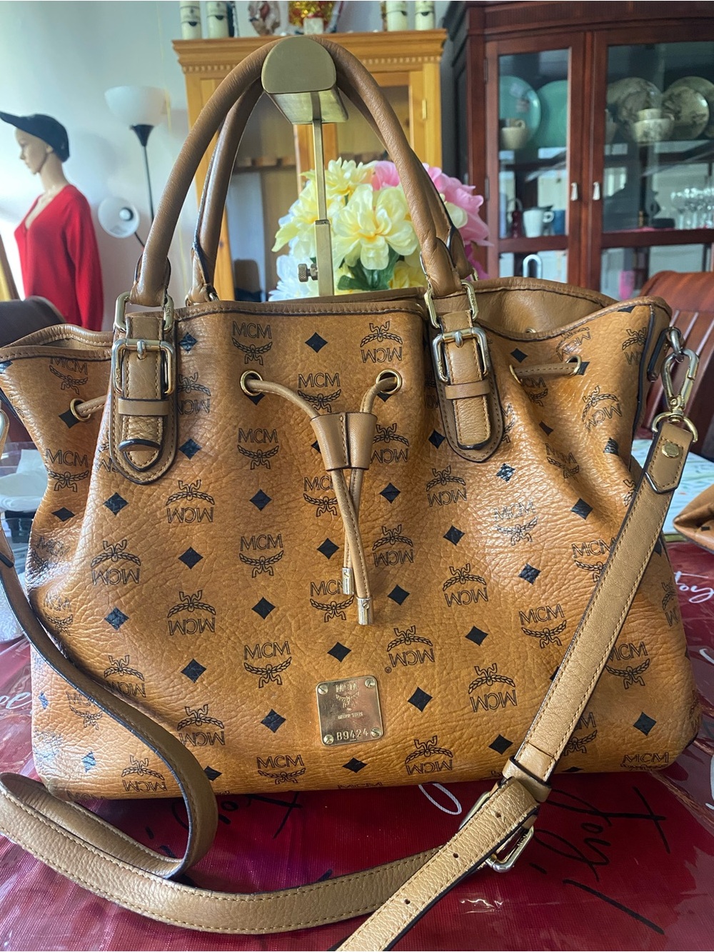 MCM Cognac Logo Visetos Drawstring Shoulder Bag